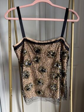 Milly Champagne Satin Slip Shirt with Beaded Black Mesh